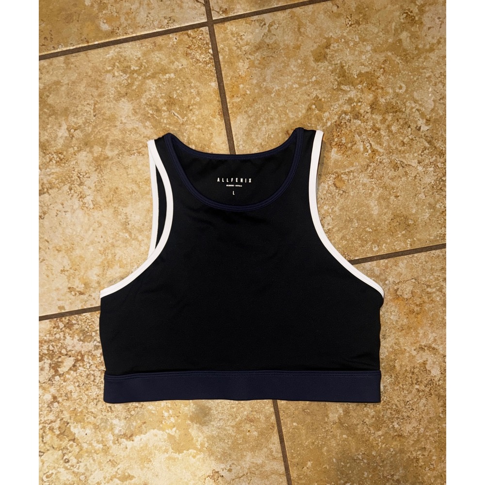 Allfenix Melbourne Navy Blue White High Neck Sports Bra Crop Top Large
